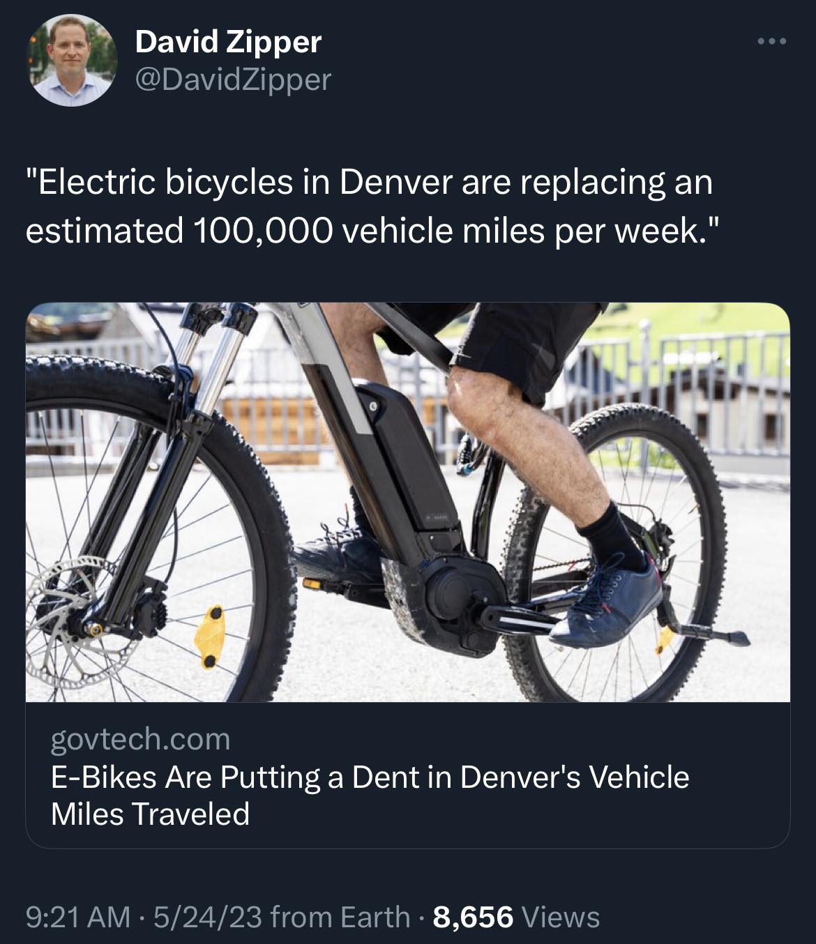This meme is a satirical response to an article about electric bicycles in Denver. The text at the top reads: "Electric bicycles in Denver are replacing an estimated 100,000 vehicle miles per week." The image below is a photo of a person riding an e-bike, but the text at the bottom of the image reads: "E-Bikes Are Putting a Dent in Denver's Vehicle Miles Traveled." The meme is poking fun at the idea that e-bikes are replacing a significant number of vehicle miles, but the actual article title is a bit of a joke, as it's likely that e-bikes are not actually replacing 100,000 vehicle miles per week. The article title is a play on words, using a phrase that's a bit of a pun, but also a bit of a joke.